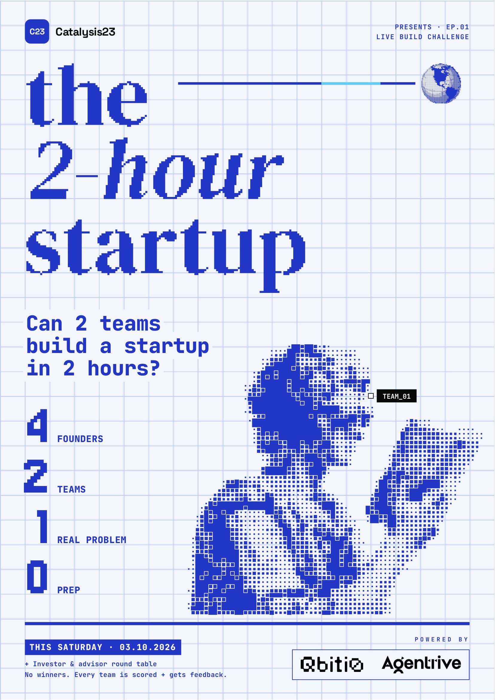 The 2-Hour Startup poster: Can 2 teams build a startup in 2 hours? 4 founders, 2 teams, 1 real problem, 0 prep.